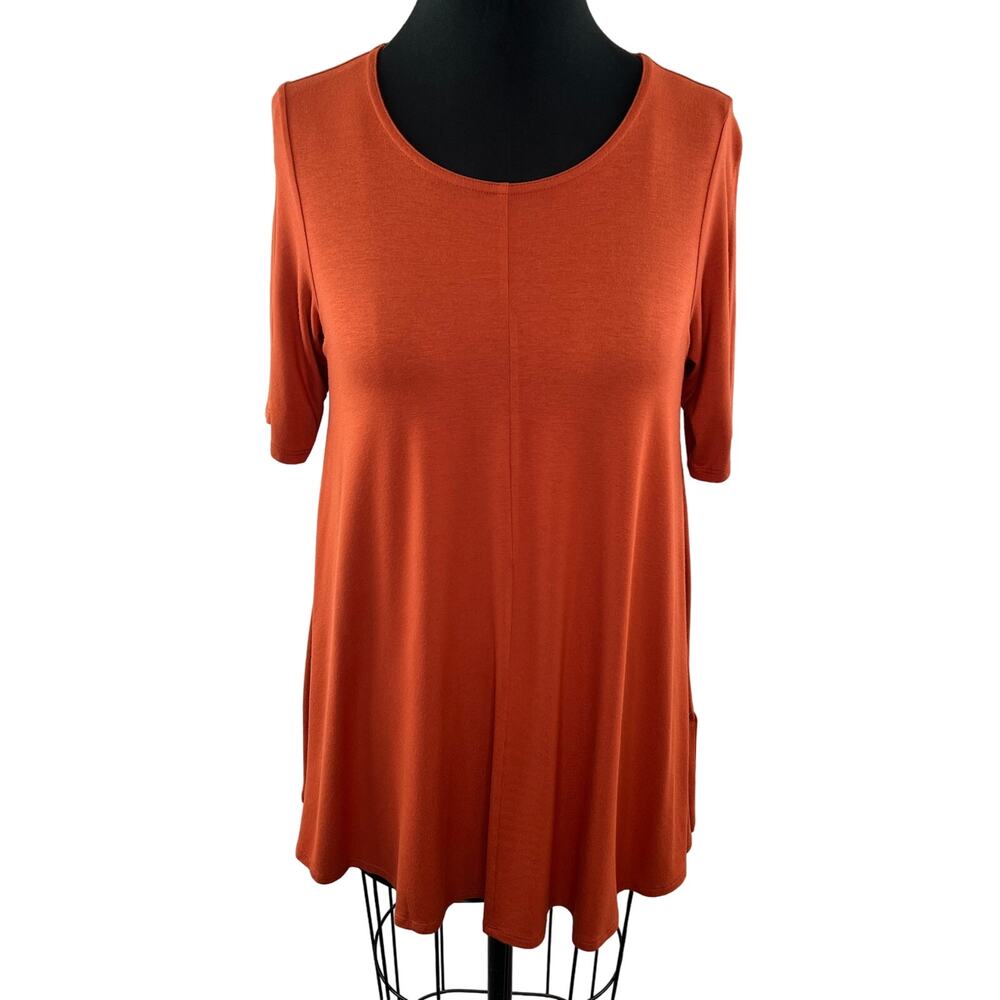 EILEEN FISHER Orange Tunic Top Subtle Pleats Jewel Neck Elbow Sleeve Sz S Small